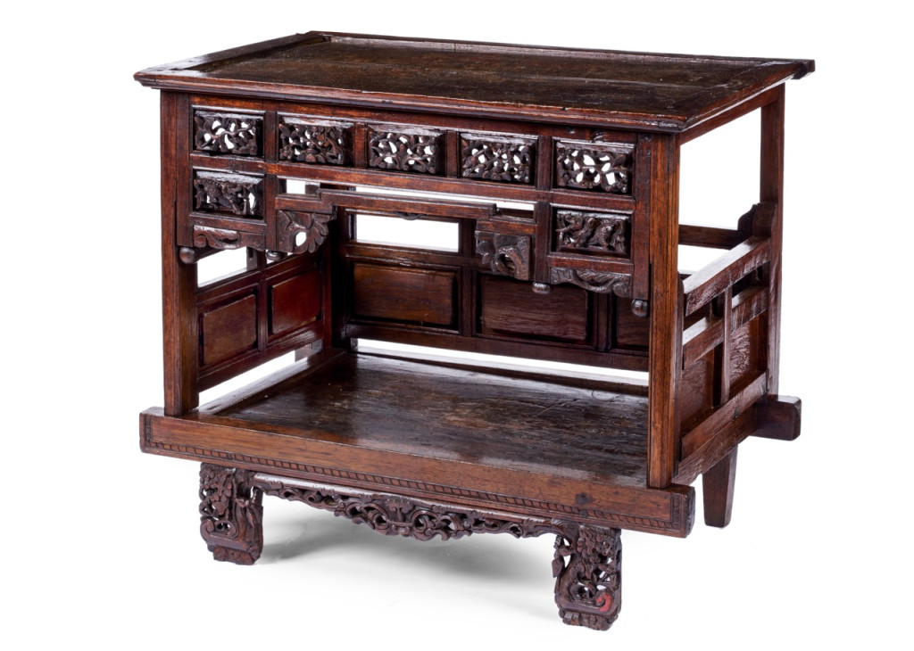 A Peranakan djati wood miniature bed for an Anak Ambar, a miscarried fetus