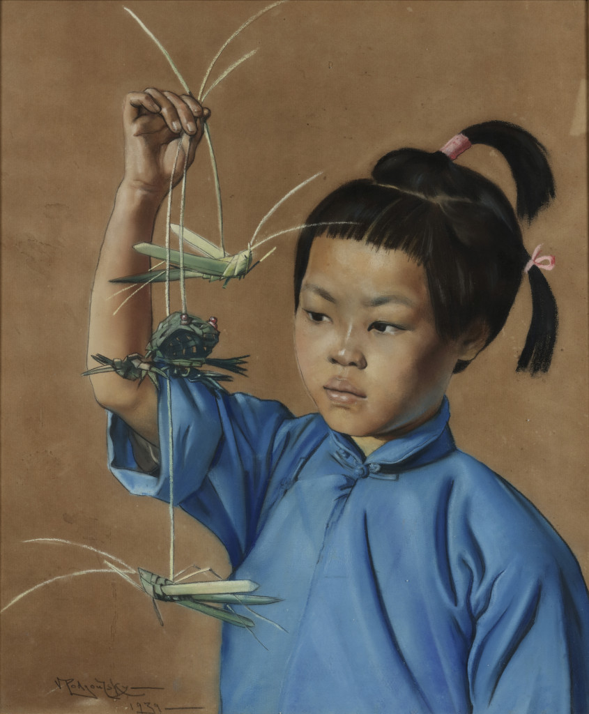 Portrait of a Chinese girl with grasshoppers and a toad made of bamboo on strings
