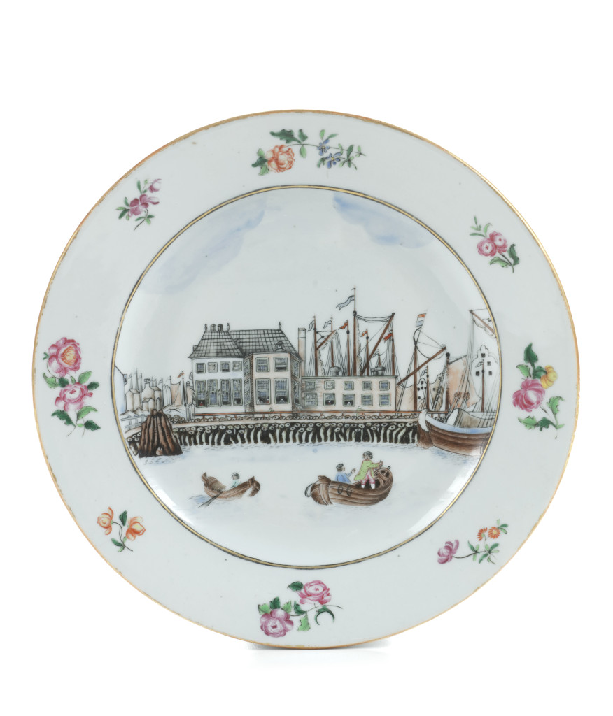 A Chinese famille rose export porcelain 'Amsterdam Waterfront' dish