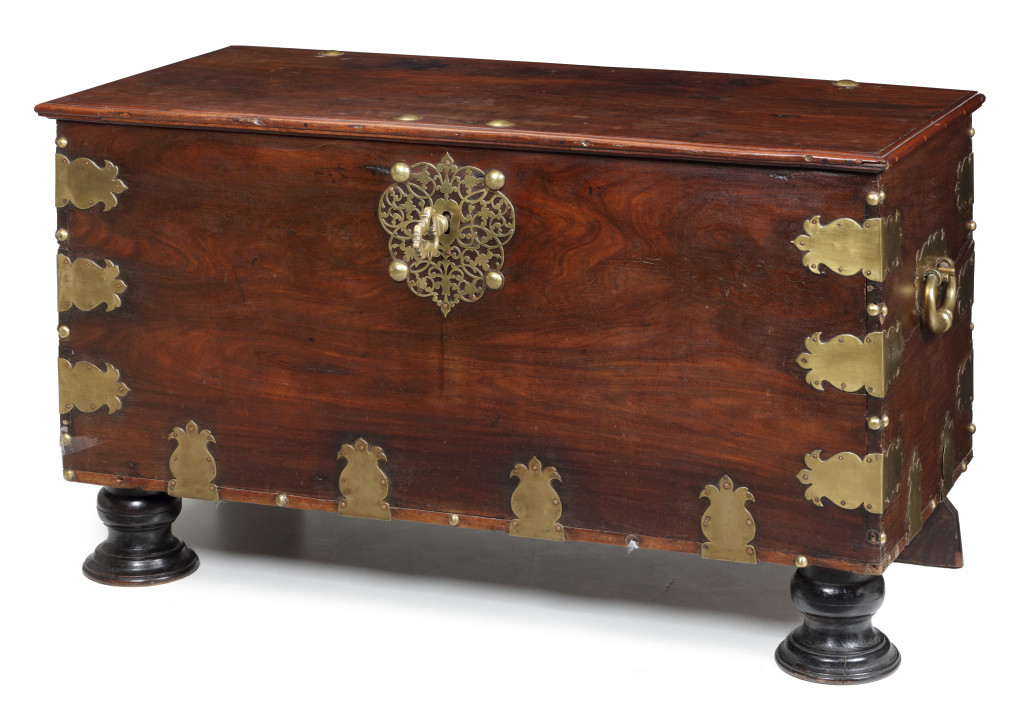 A large Indian rosewood VOC chest with brass mounts 