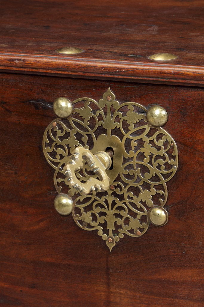 A large Indian rosewood VOC chest with brass mounts 