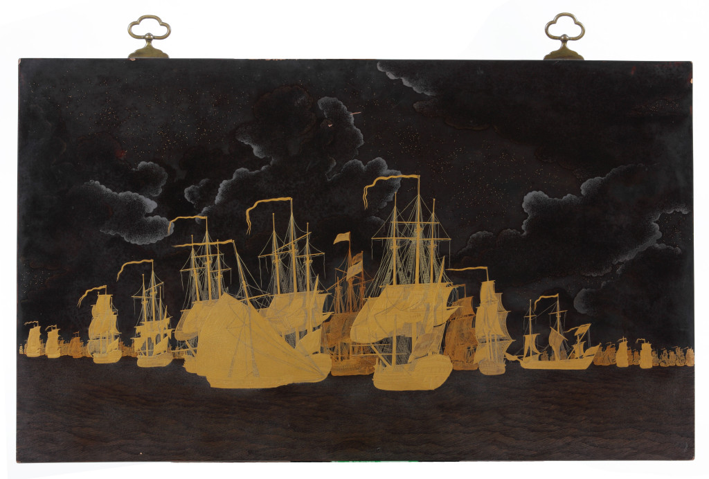 An important Japanese Lacquer Plaque depicting the Battle of Dogger Bank by lakwerker Sasaya (Act. Circa 1780-1820)