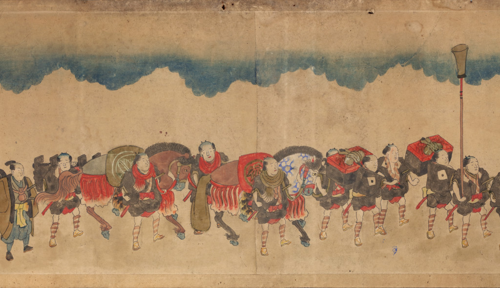 A Japanese scroll painting depicting Daimyo Gyorestu Ga on his Journey to the Court