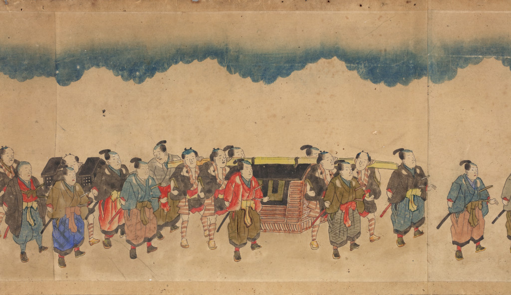 A Japanese scroll painting depicting Daimyo Gyorestu Ga on his Journey to the Court