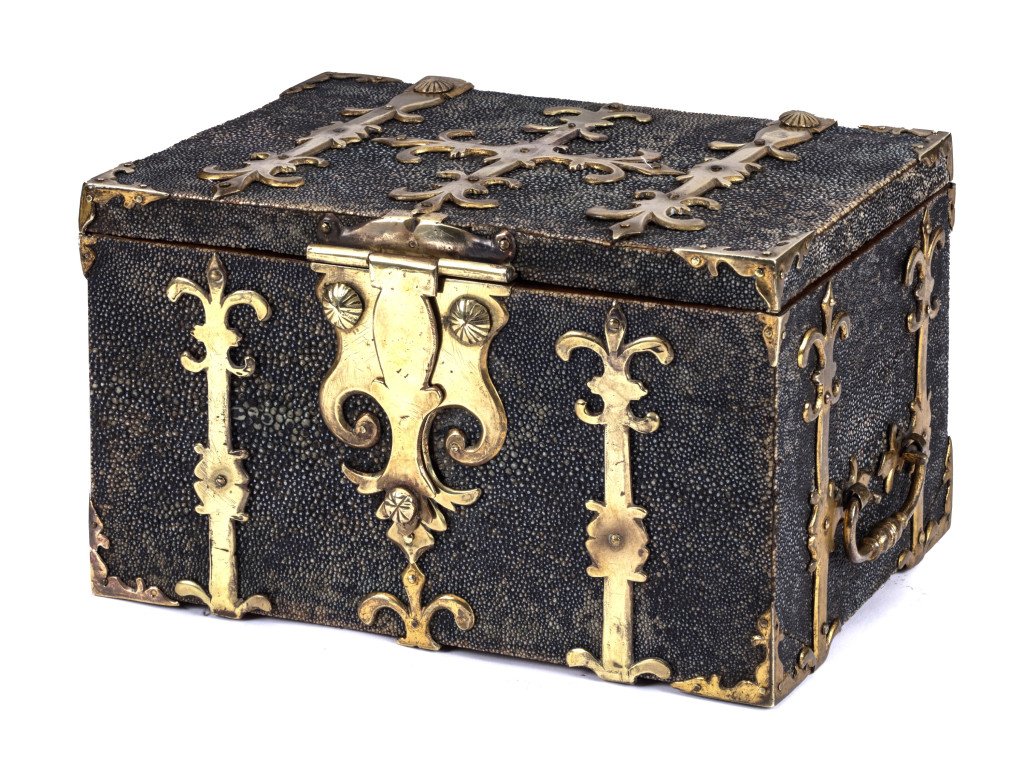A rare shagreen covered and patridgewood (Andira inermis) veneered coffre fort or Captain’s chest with elaborate gilt brass mounts