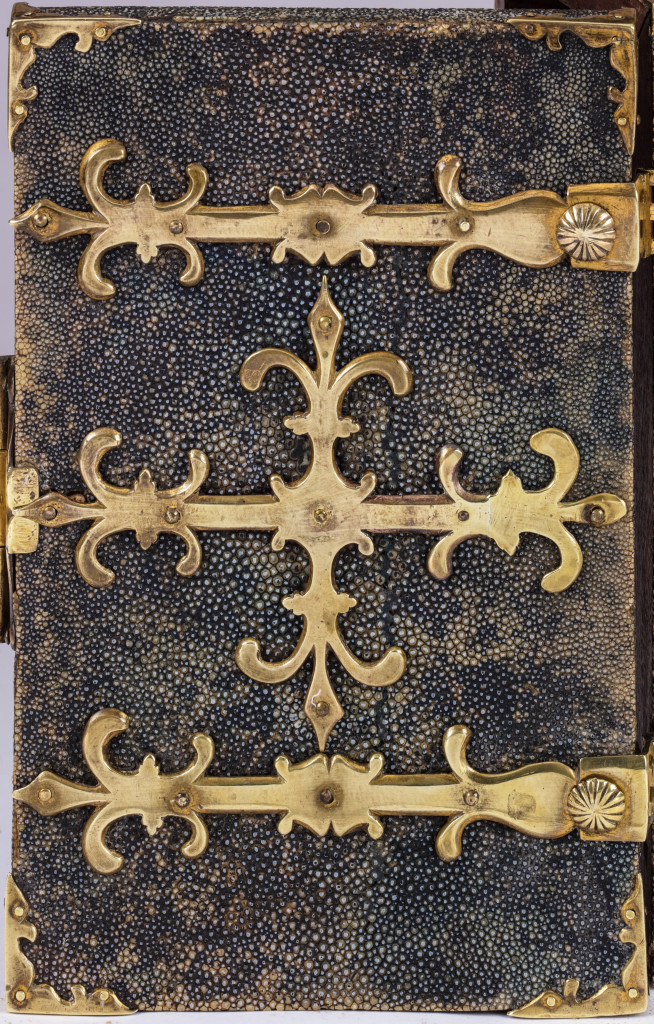 A rare shagreen covered and patridgewood (Andira inermis) veneered coffre fort or Captain’s chest with elaborate gilt brass mounts