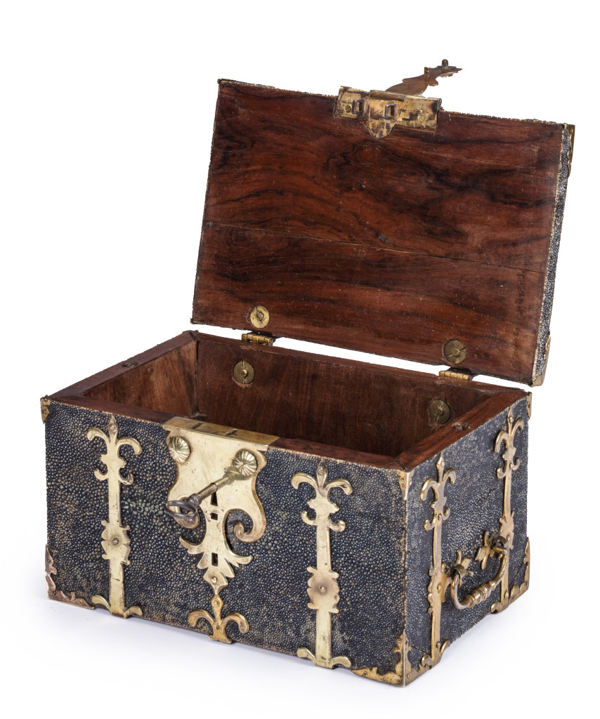 A rare shagreen covered and patridgewood (Andira inermis) veneered coffre fort or Captain’s chest with elaborate gilt brass mounts