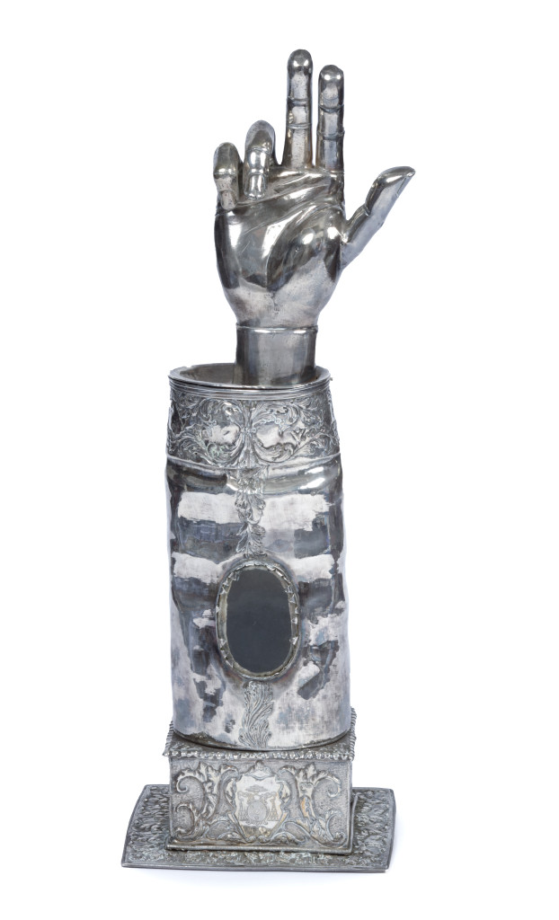 A rare silver reliquary arm with relic bone, with the coat-of-arms of Cosme Roger (1671-1710), Bishop of Lombez, France