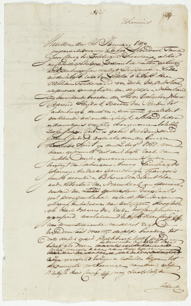 A cape of Good Hope manuscript of a land grant, dated 21 january 1780, signed by W.F. van Reede van Oudtshoorn and witnessed by P. Fauze, secretary of the council policy