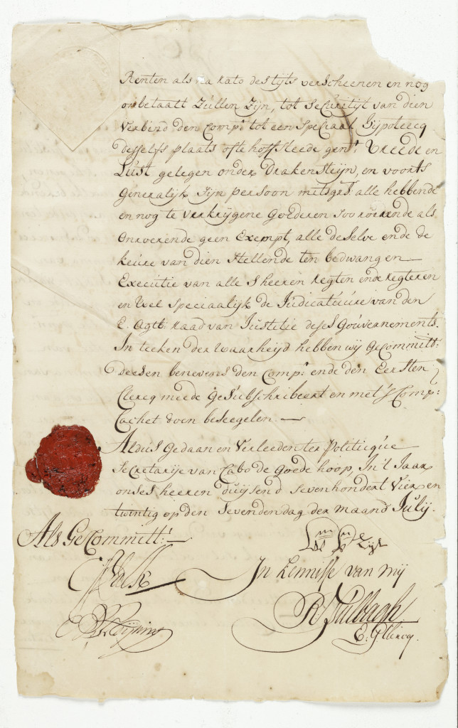 A Cape of Good Hope land grant, dated 7th July 1724, with red wax seal cdg hoop and signed by the chief clerk of the 'Raad van Justitie' Rijk Tulbagh (1699-1771)