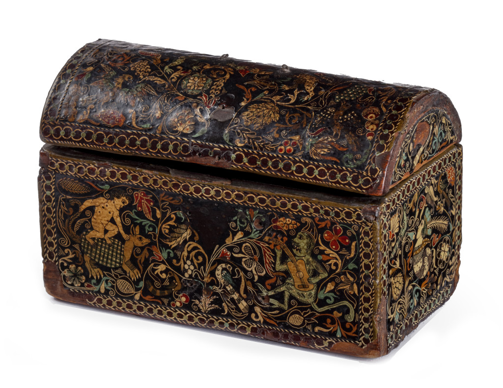 An important Spanish colonial Barniz de pasto lacquer casket with the Jesuit IHS monogram and silver mounts