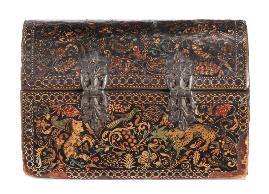 An important Spanish colonial Barniz de pasto lacquer casket with the Jesuit IHS monogram and silver mounts