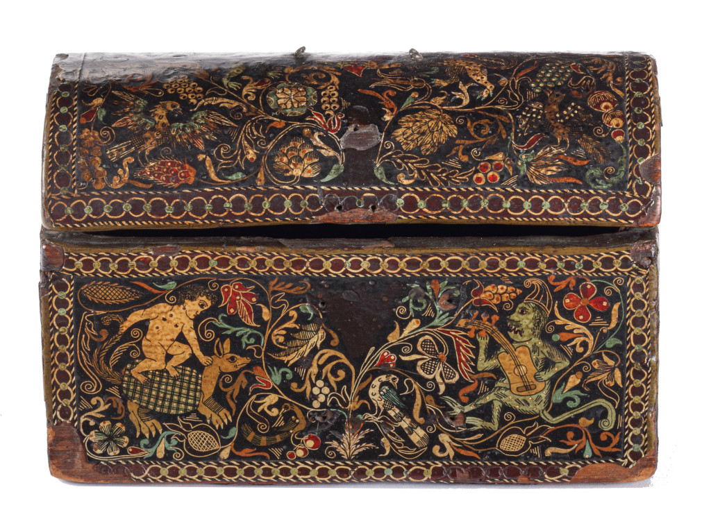 An important Spanish colonial Barniz de pasto lacquer casket with the Jesuit IHS monogram and silver mounts