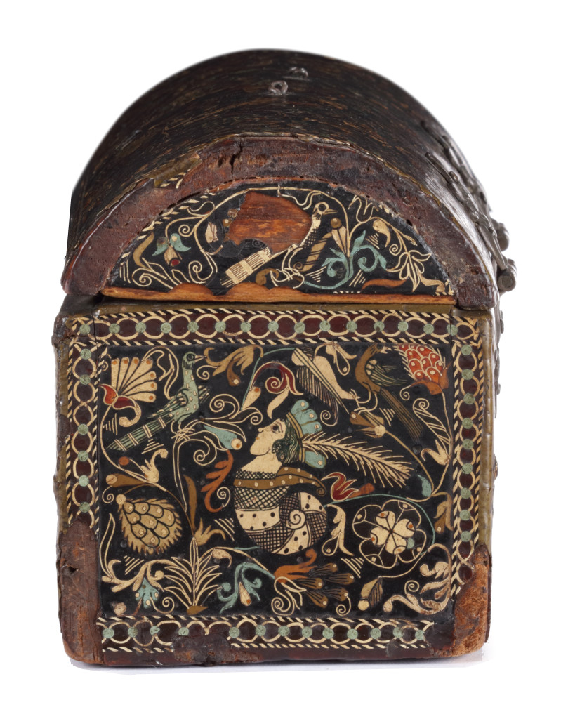 An important Spanish colonial Barniz de pasto lacquer casket with the Jesuit IHS monogram and silver mounts