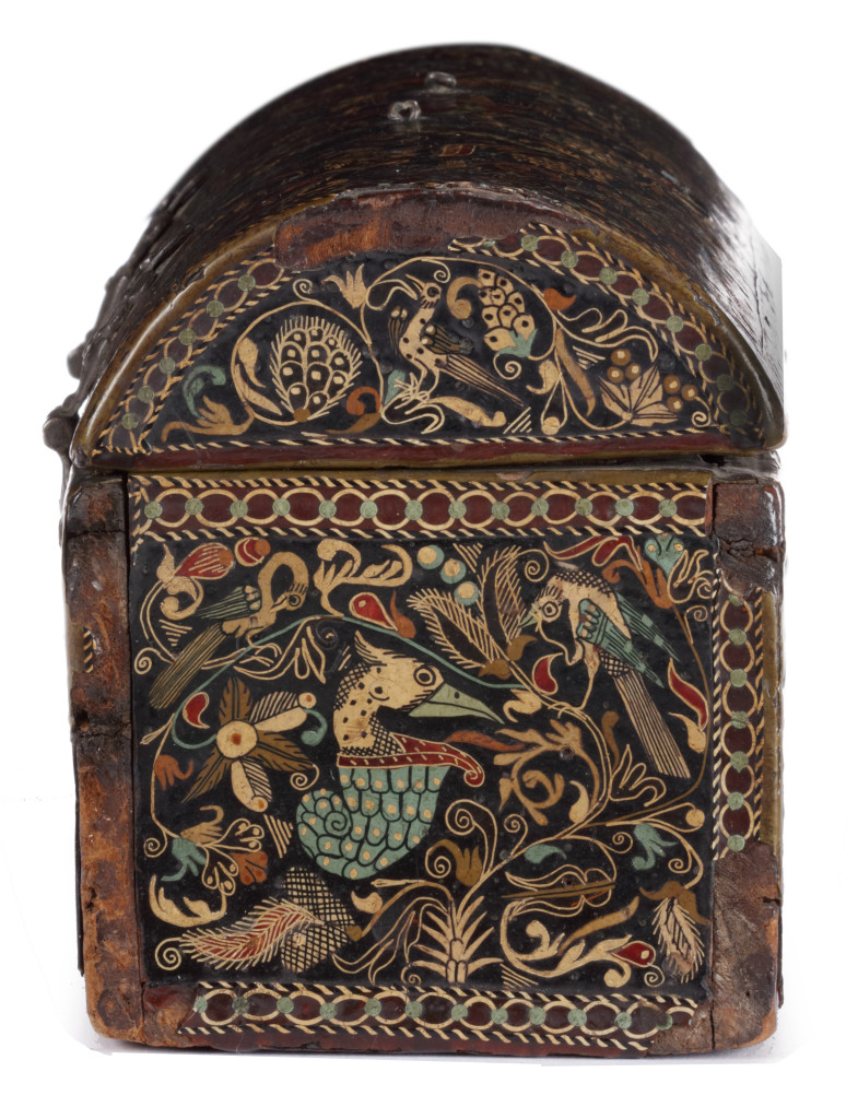 An important Spanish colonial Barniz de pasto lacquer casket with the Jesuit IHS monogram and silver mounts