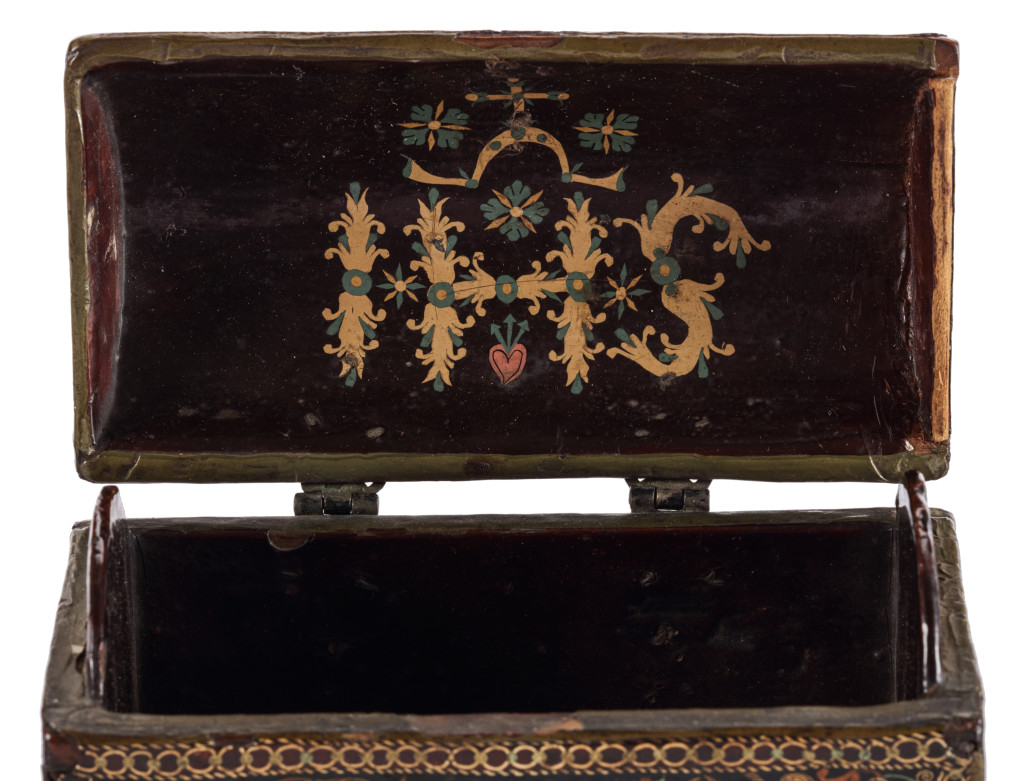 An important Spanish colonial Barniz de pasto lacquer casket with the Jesuit IHS monogram and silver mounts