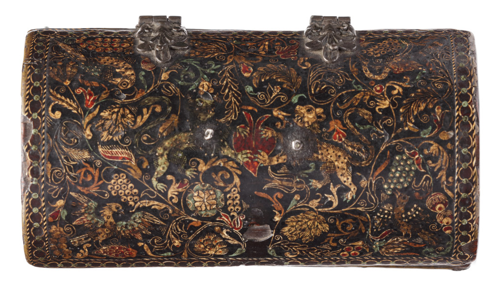 An important Spanish colonial Barniz de pasto lacquer casket with the Jesuit IHS monogram and silver mounts