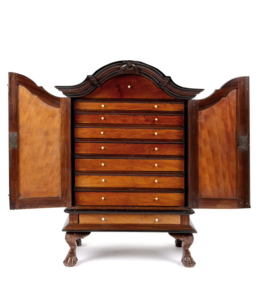 A charming satin and rosewood, ebony and teak collectors’ table-cabinet.