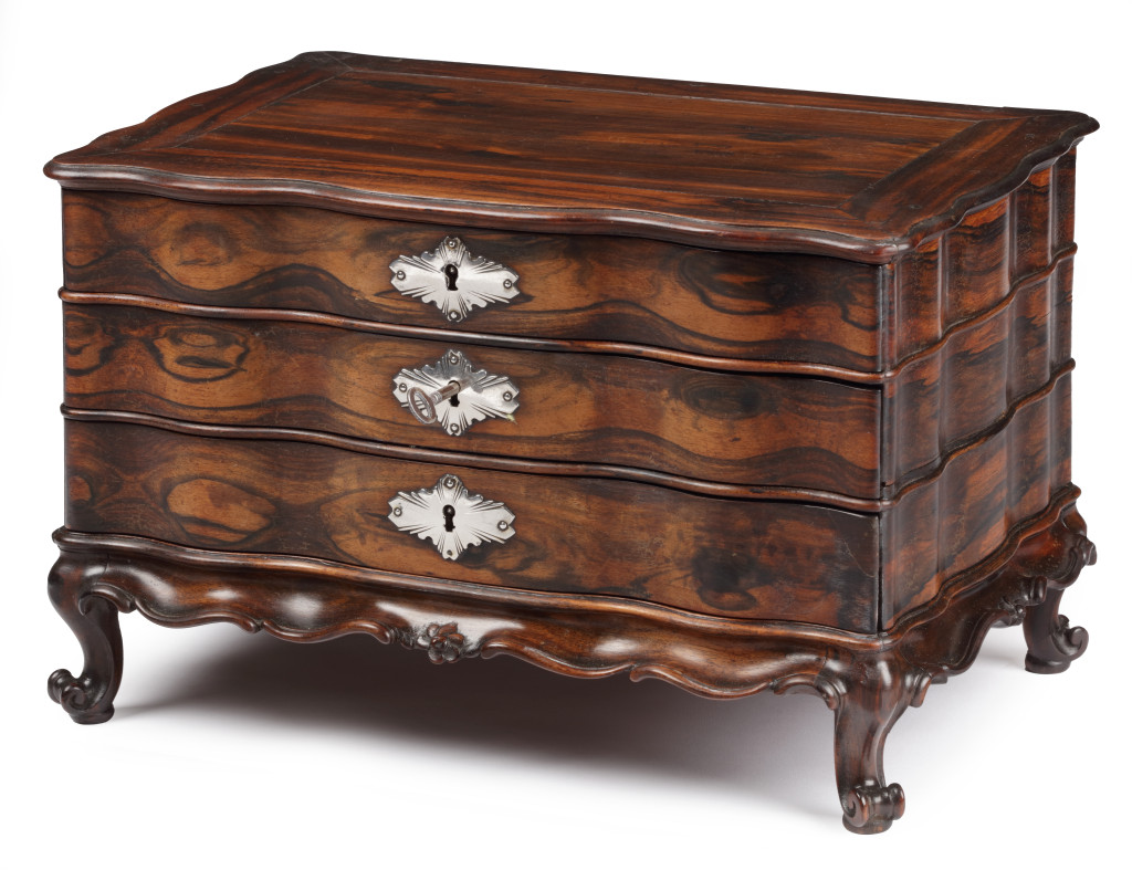 A Dutch-colonial Sri Lankan coromandel miniature chest of drawers with silver mounts