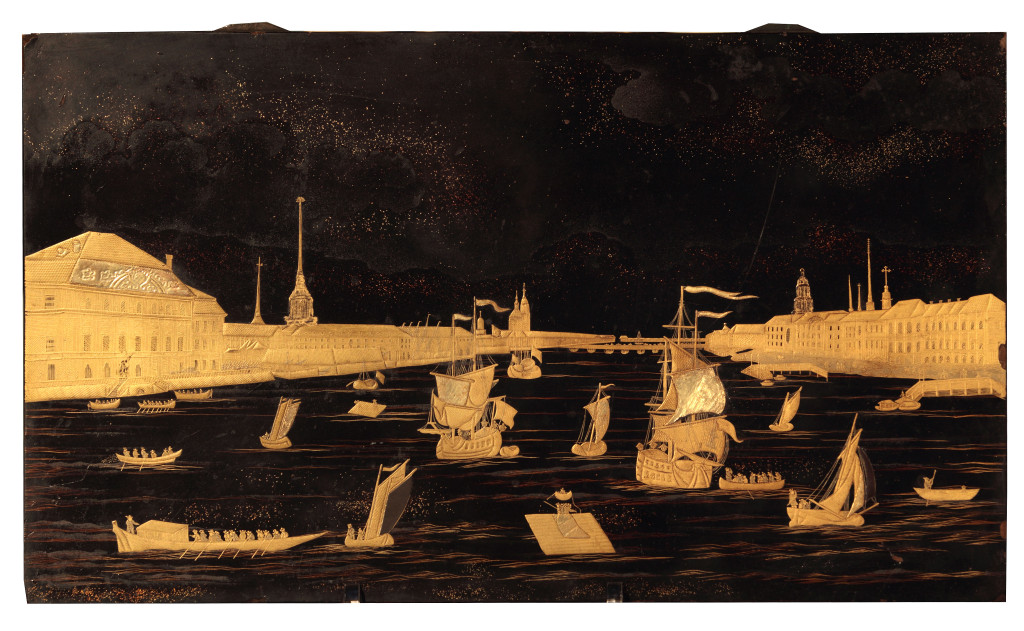 An important Japanese lacquer maki-é panel depicting St. Petersburg on the river Neva with the Winter Palace on the left and the Academy of Science on the right, probably by Lakwerker Sasaya