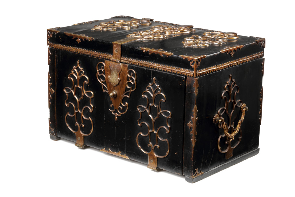 An ebony veneered walnut and oak strong box (coffre fort) or 'captain's chest with brass mounts