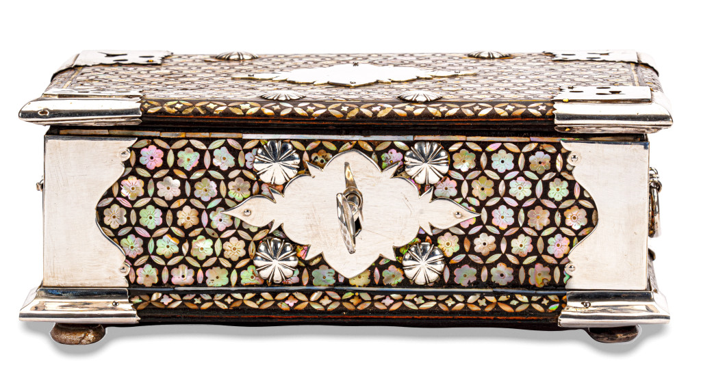 A Dutch colonial Indonesian mother-of-pearl inlaid mastic sirih or betel box with silver mounts