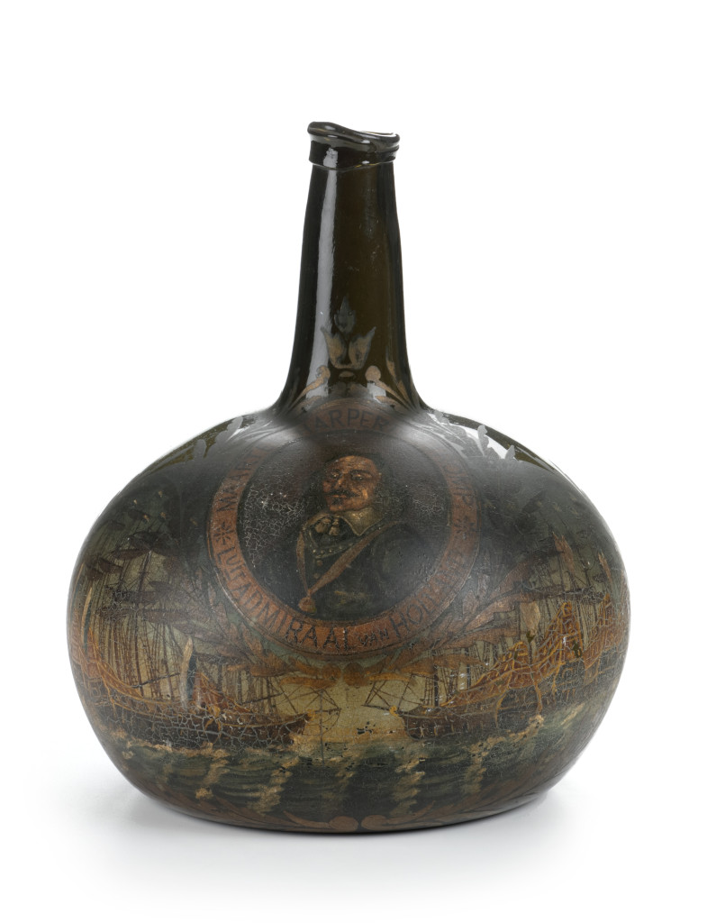A large Dutch-painted wine bottle with portrait of Maarten Harpertz. Tromp