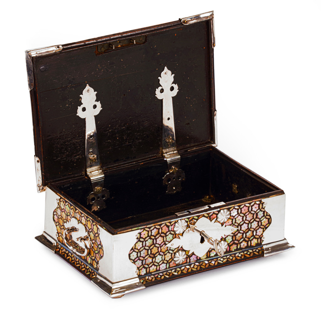 A Dutch colonial Indonesian mother-of-pearl inlaid mastic sirih or betel box with silver mounts