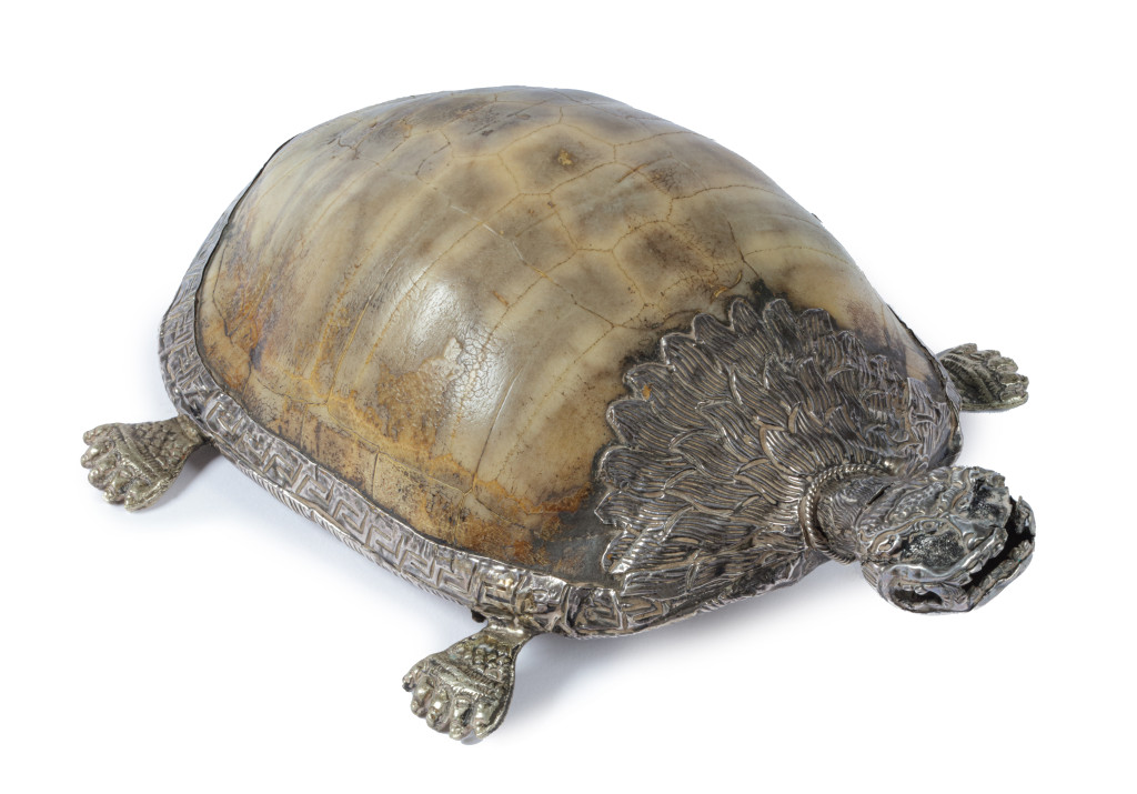 A Tibetan or Peranakan silver-mounted turtle-shell turtle