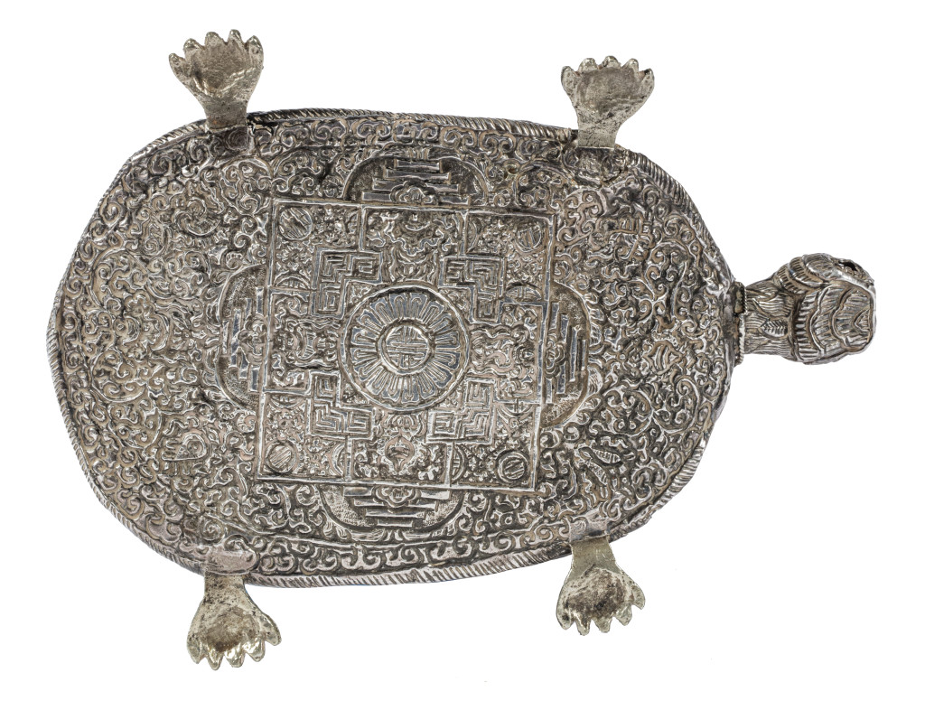A Tibetan or Peranakan silver-mounted turtle-shell turtle