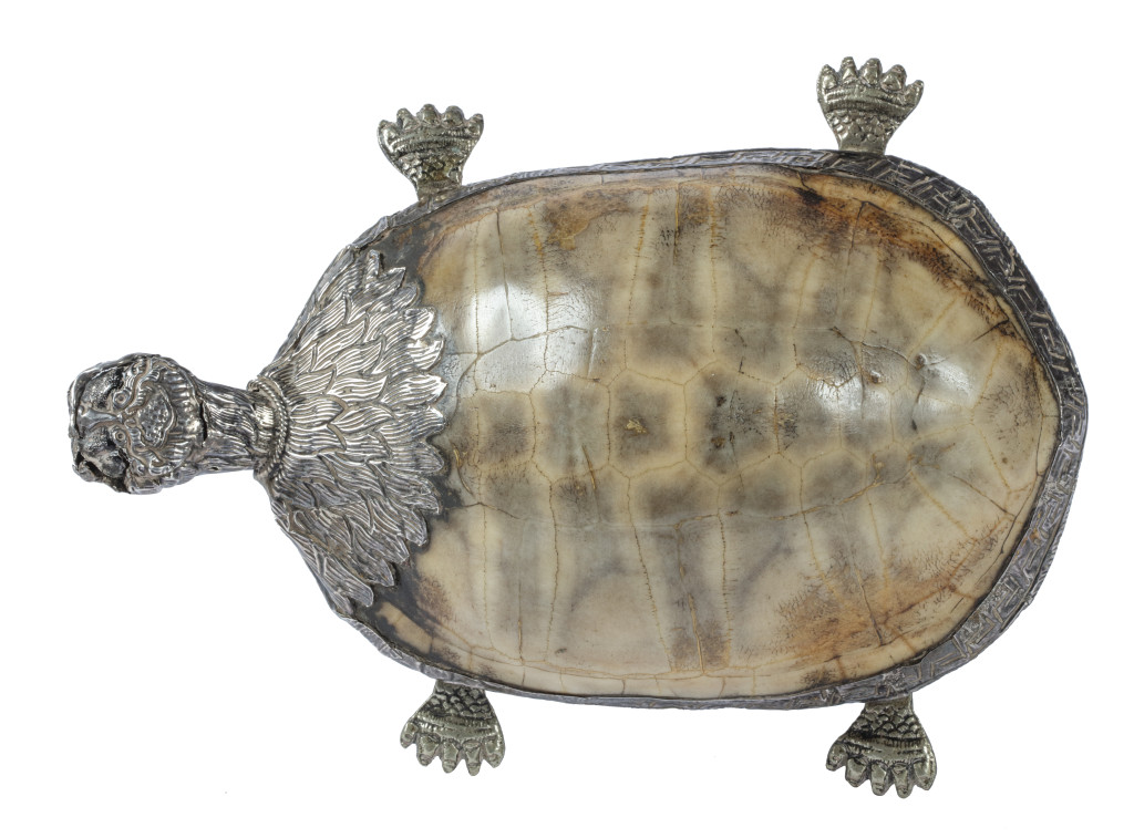 A Tibetan or Peranakan silver-mounted turtle-shell turtle