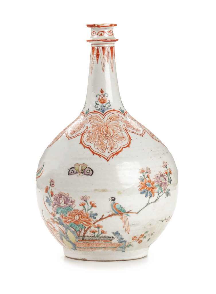 Two fine Japanese Arita Amsterdam decorated or 'clobbered' bottles
