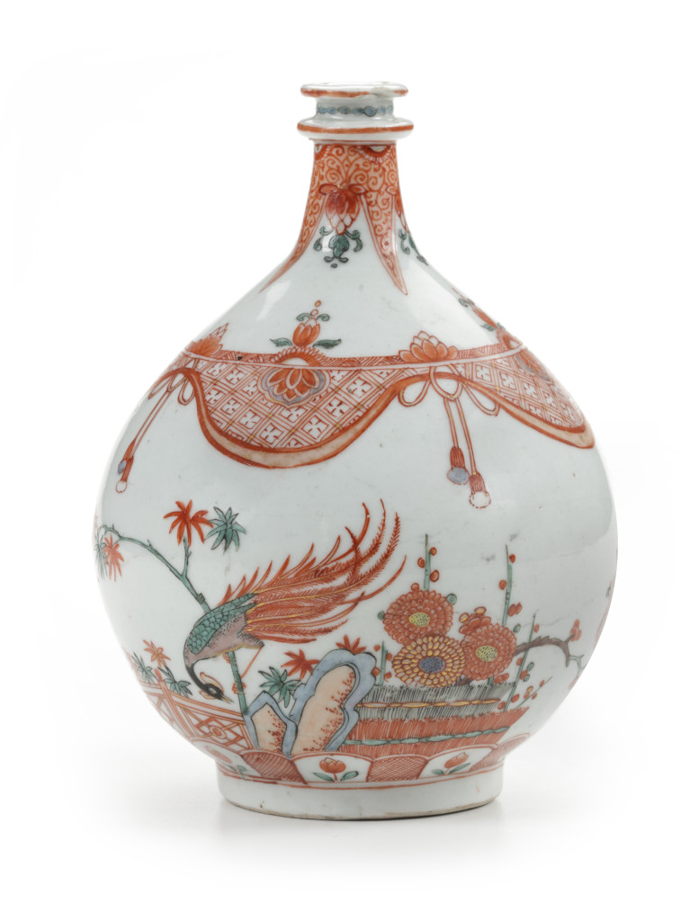 Two fine Japanese Arita Amsterdam decorated or 'clobbered' bottles