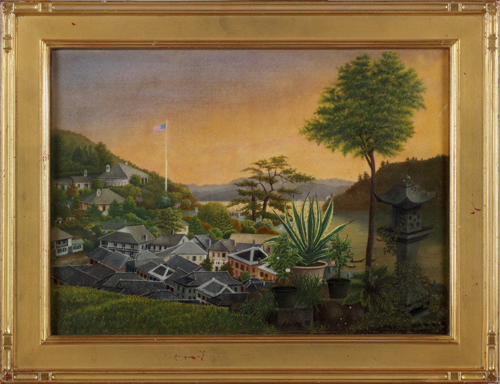 A painting depicting the Star and Stripes flying over the American Consulate in Nagasaki