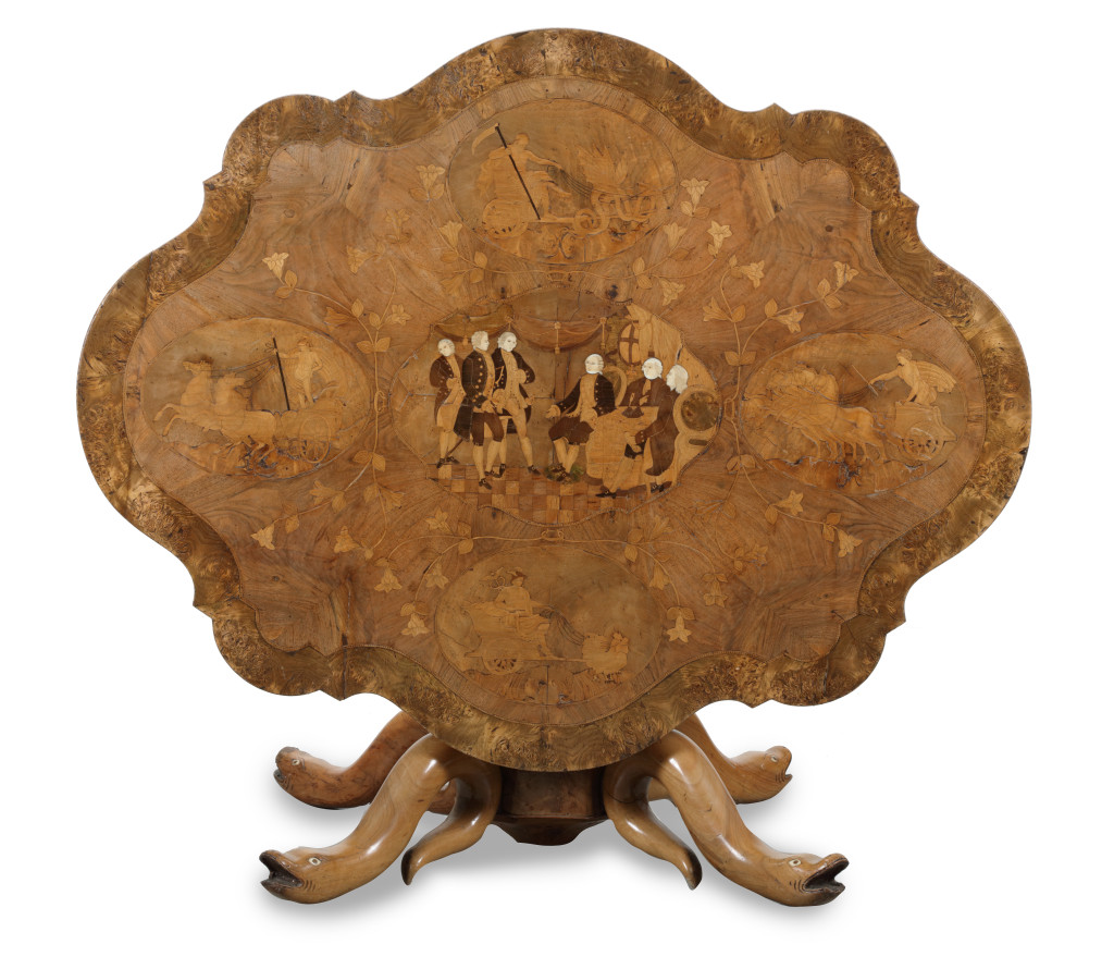A very interesting centre table commemorating the Paris Treaty between the original thirteen states of the United States of America and Great Britain ending the American Revolution or War of Independence in 1783