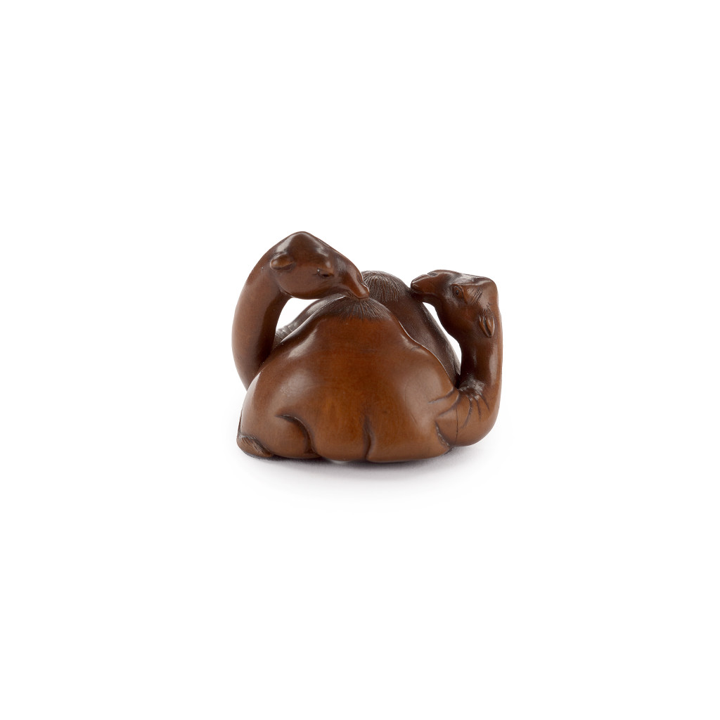 An exquisite prunus wood netsuke of ‘Blomhoff’s Dromedaries’ signed Bunpō