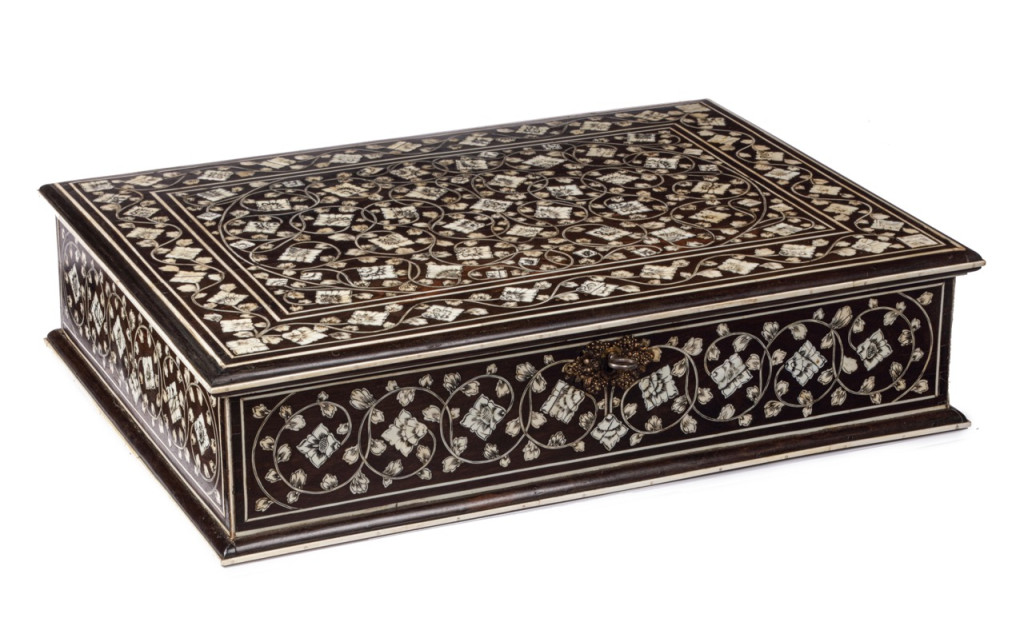 A large pen-engraved bone inlaid ebony document box