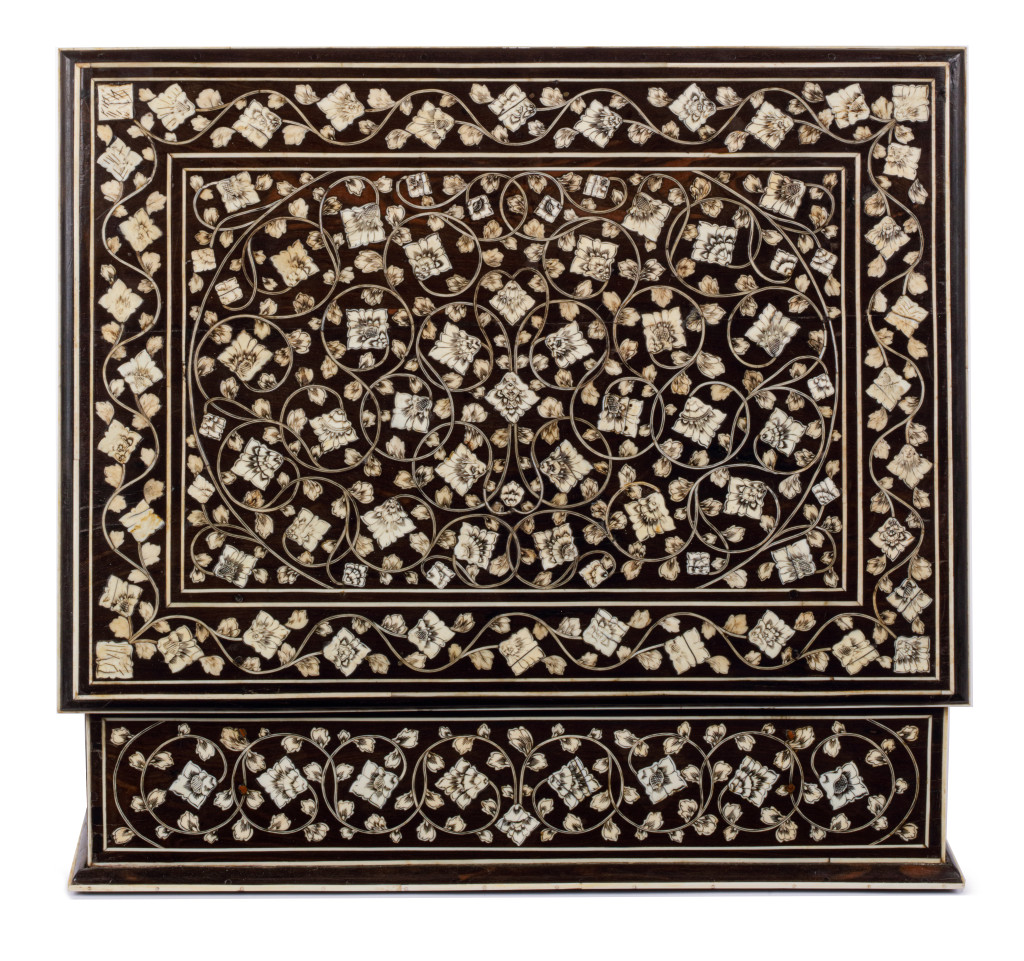 A large pen-engraved bone inlaid ebony document box