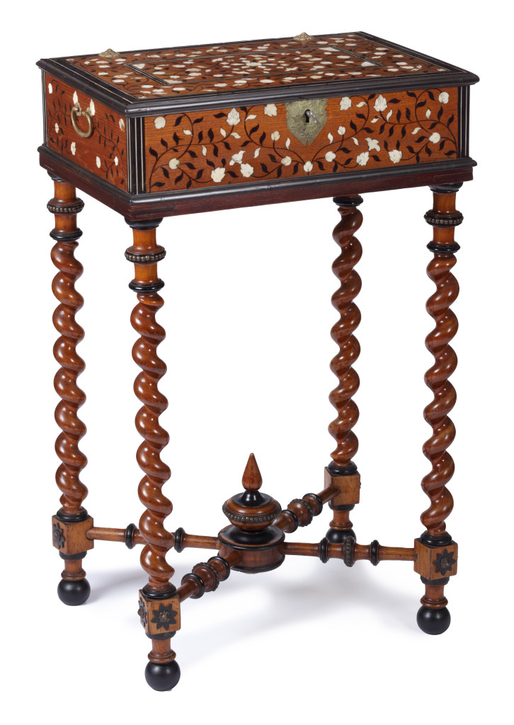 A Vizagapatam ebony and pen-engraved ivory inlaid rosewood document box on later European stand