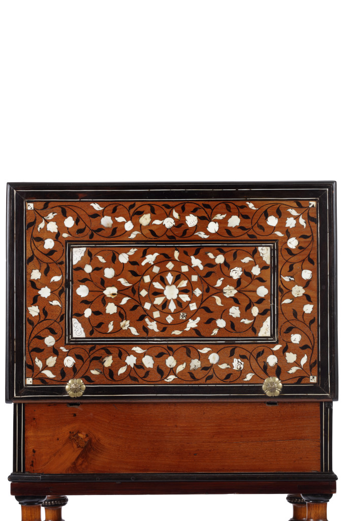 A Vizagapatam ebony and pen-engraved ivory inlaid rosewood document box on later European stand