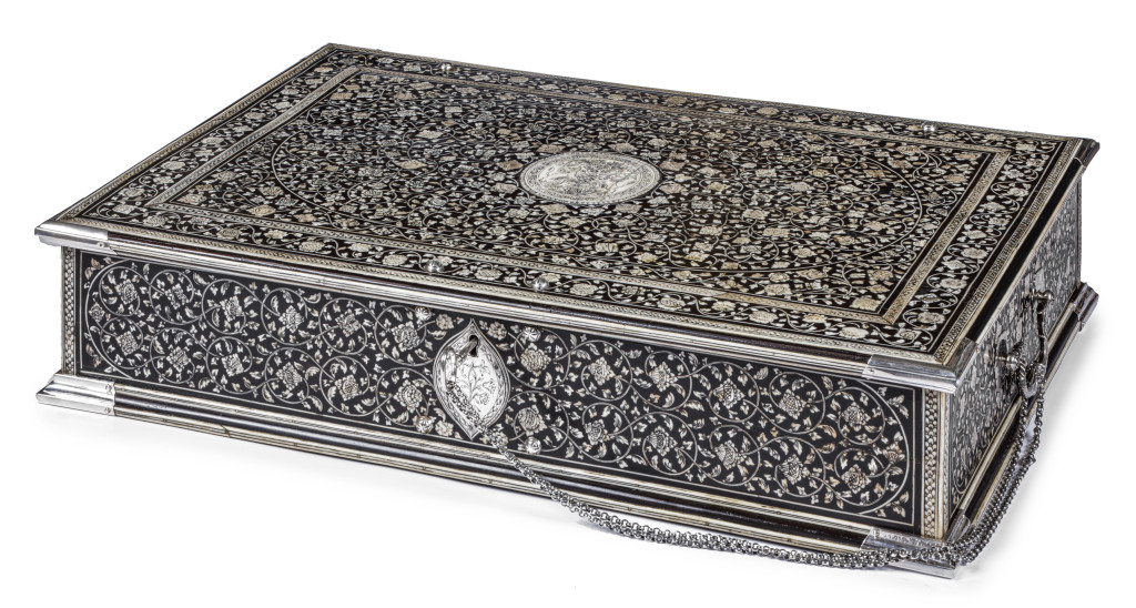 An extremely rare large colonial pen-engraved bone-inlaid ebony document box with silver mounts