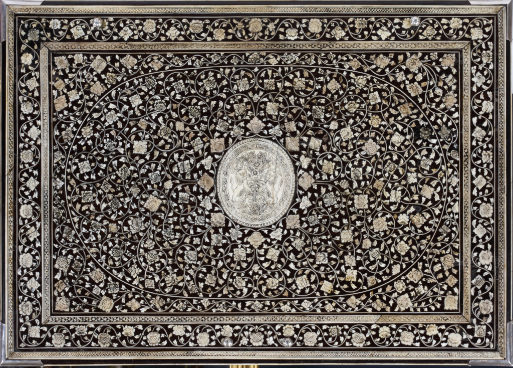An extremely rare large colonial pen-engraved bone-inlaid ebony document box with silver mounts