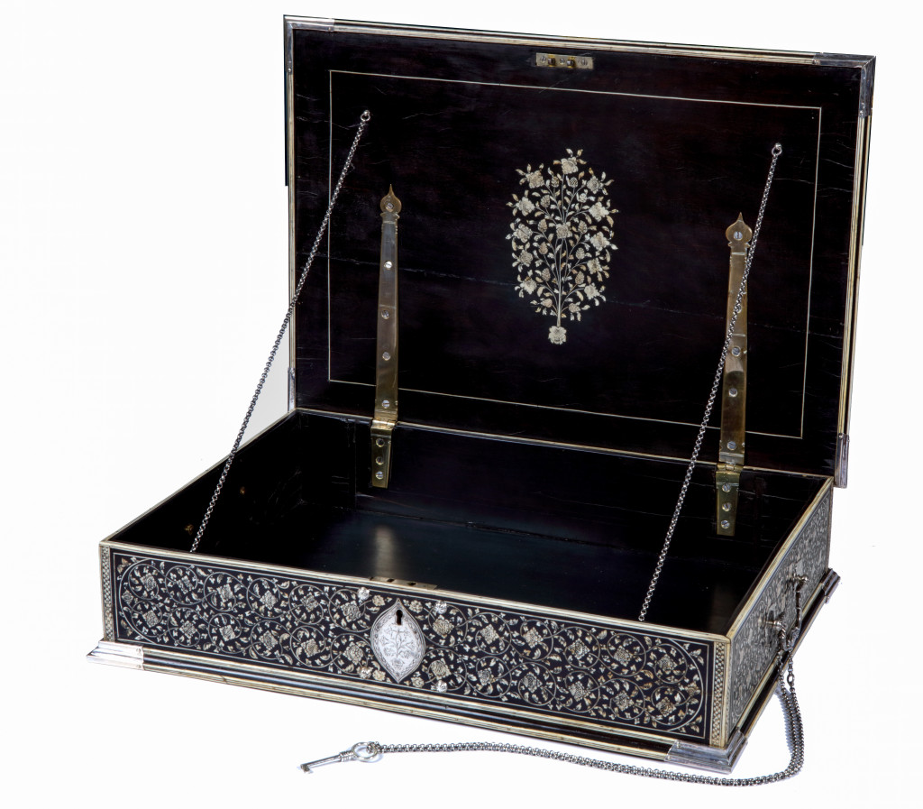 An extremely rare large colonial pen-engraved bone-inlaid ebony document box with silver mounts