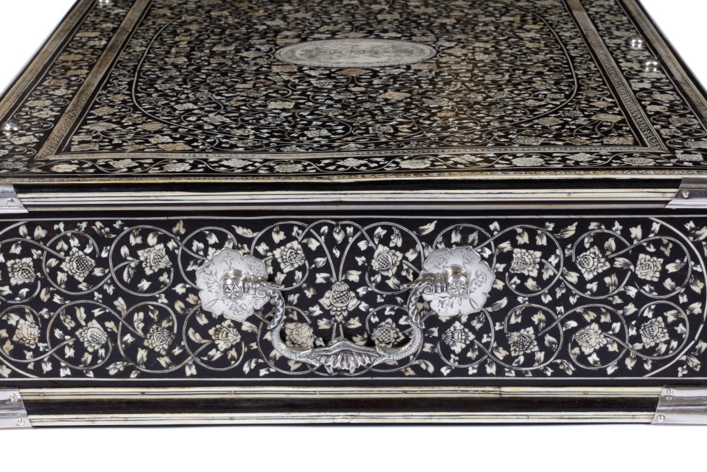 An extremely rare large colonial pen-engraved bone-inlaid ebony document box with silver mounts