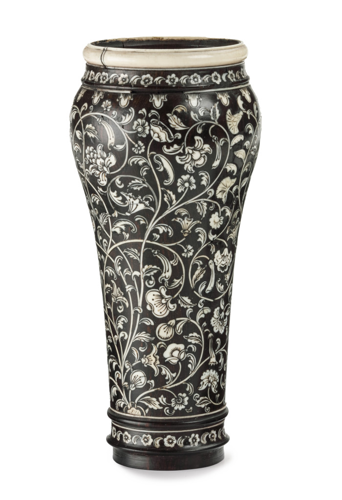A unique Anglo-Indian pen-engraved bone-inlaid spill holder or spill vase