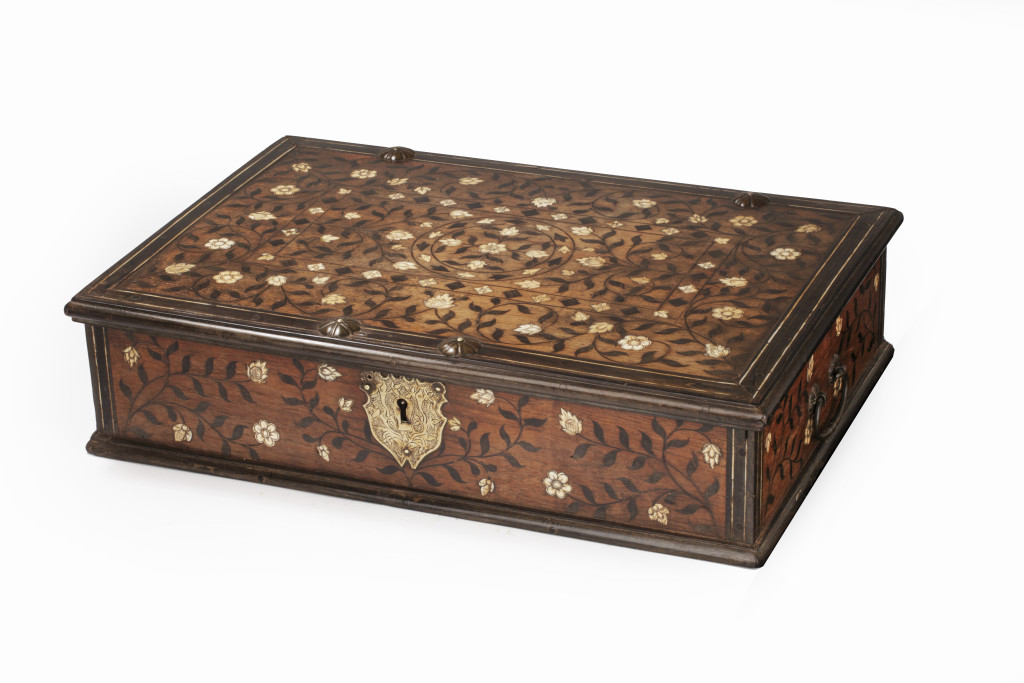 An Indian bone and ebony inlaid Vizagapatam teak document chest