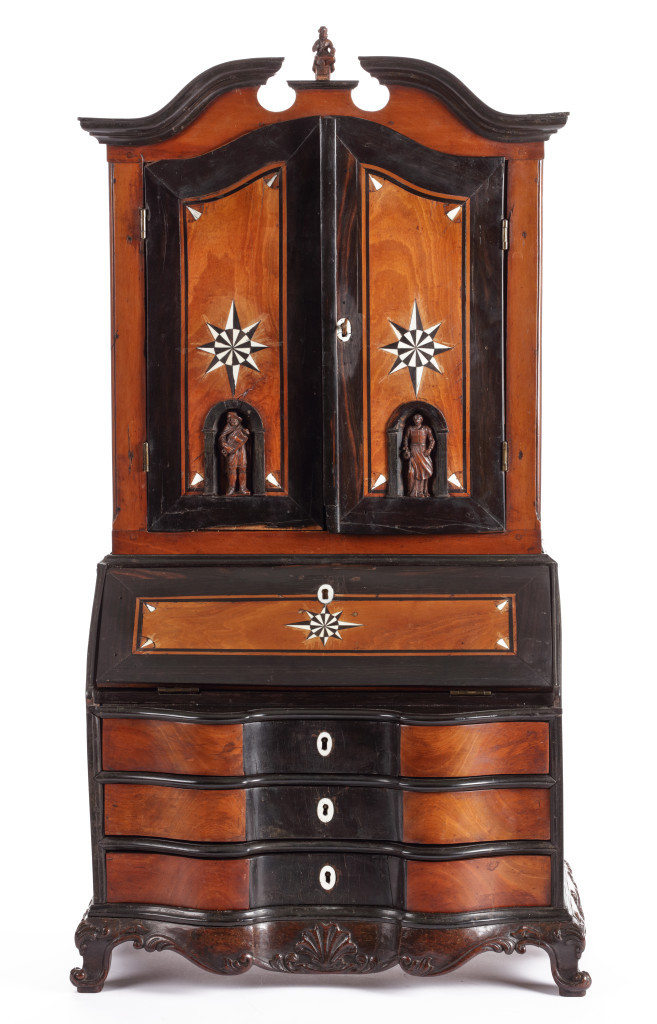 An exquisite Dutch-colonial satinwood, sono keeling, Macassar ebony, teak and bone-inlaid miniature bureau-cabinet