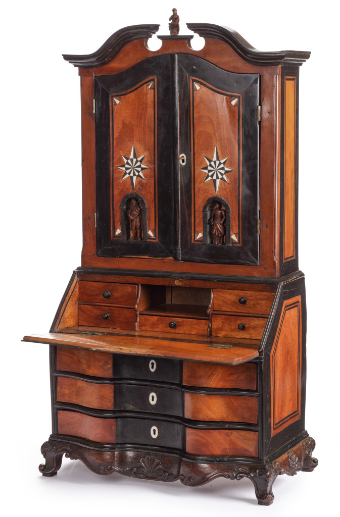 An exquisite Dutch-colonial satinwood, sono keeling, Macassar ebony, teak and bone-inlaid miniature bureau-cabinet