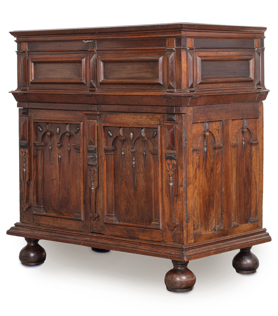 A joined enclosed American walnut, white oak, pine, beech, maple, krappa (crabwood), and letterwood Boston chest of drawers with lidded top