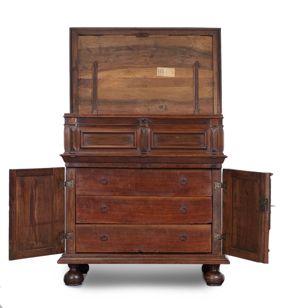 A joined enclosed American walnut, white oak, pine, beech, maple, krappa (crabwood), and letterwood Boston chest of drawers with lidded top